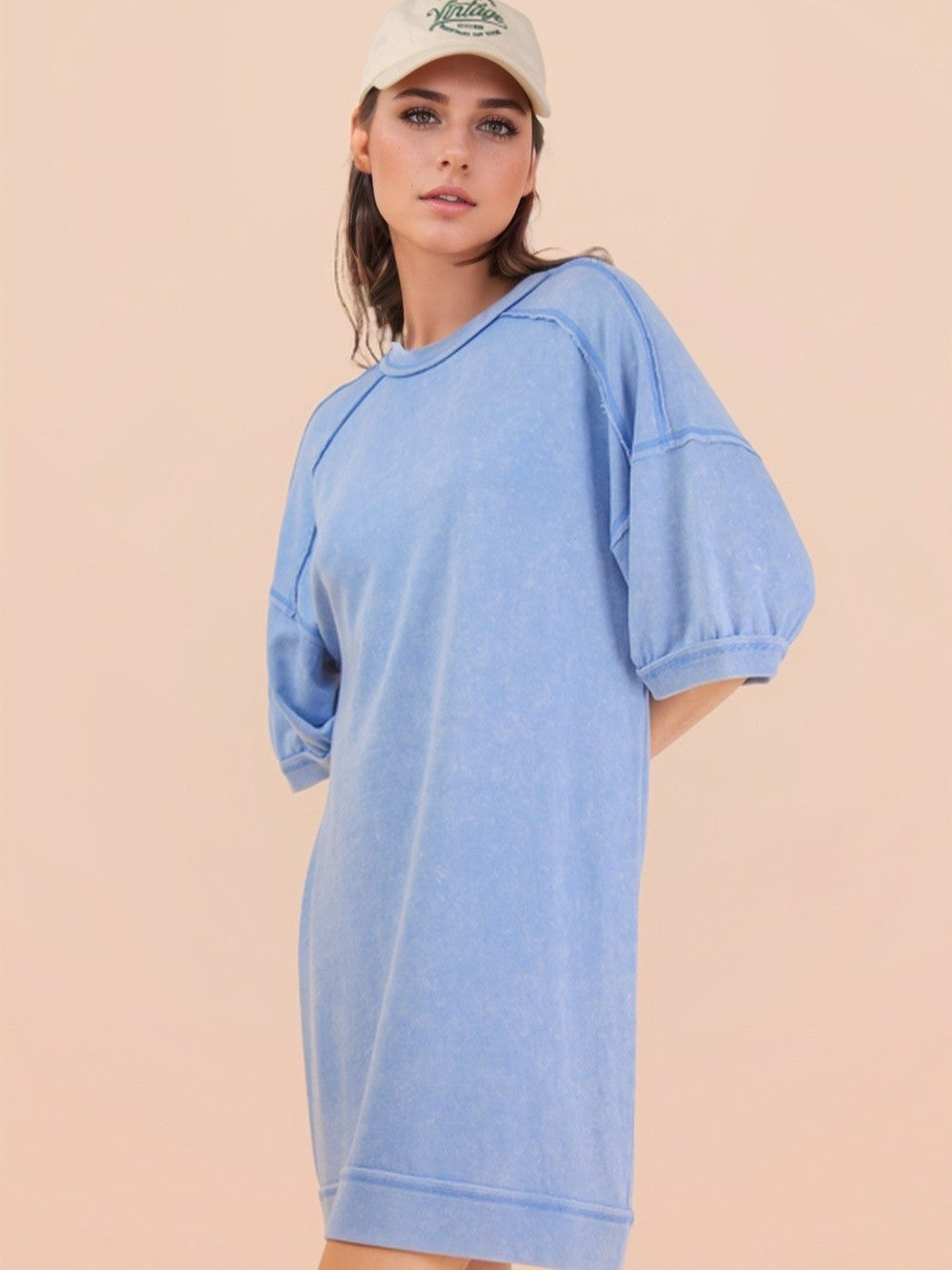 Light blue mineral wash casual dress with puff sleeves by Very J Mineral Wash French Terry Casual Dress