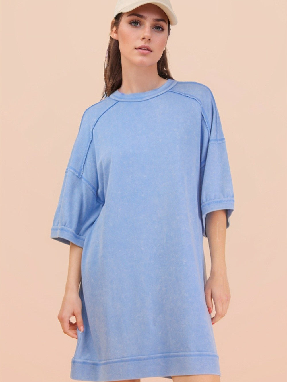 Light blue casual dress in mineral wash fabric with short sleeves by Very J Mineral Wash French Terry Casual Dress