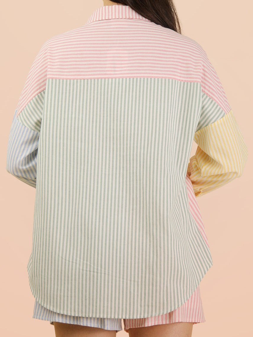 Back view of Very J Colour Block Stripe Button-Up Shirt with pastel pink, green, blue, and yellow stripes by Very J