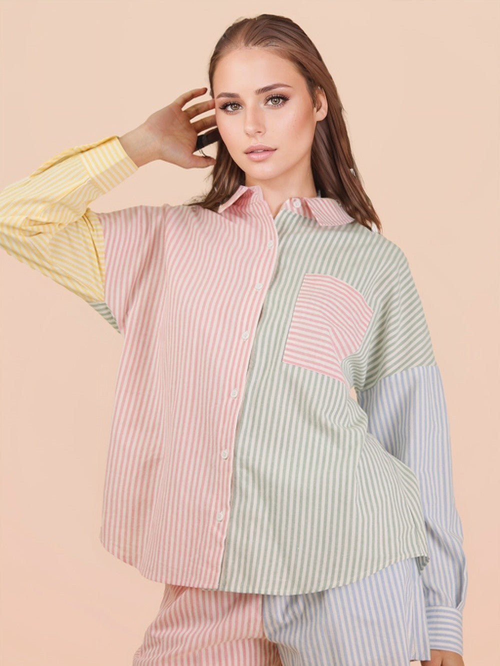 Very J Colour Block Stripe Button-Up Shirt in pastel pink, green, yellow, and blue striped cotton by Very J