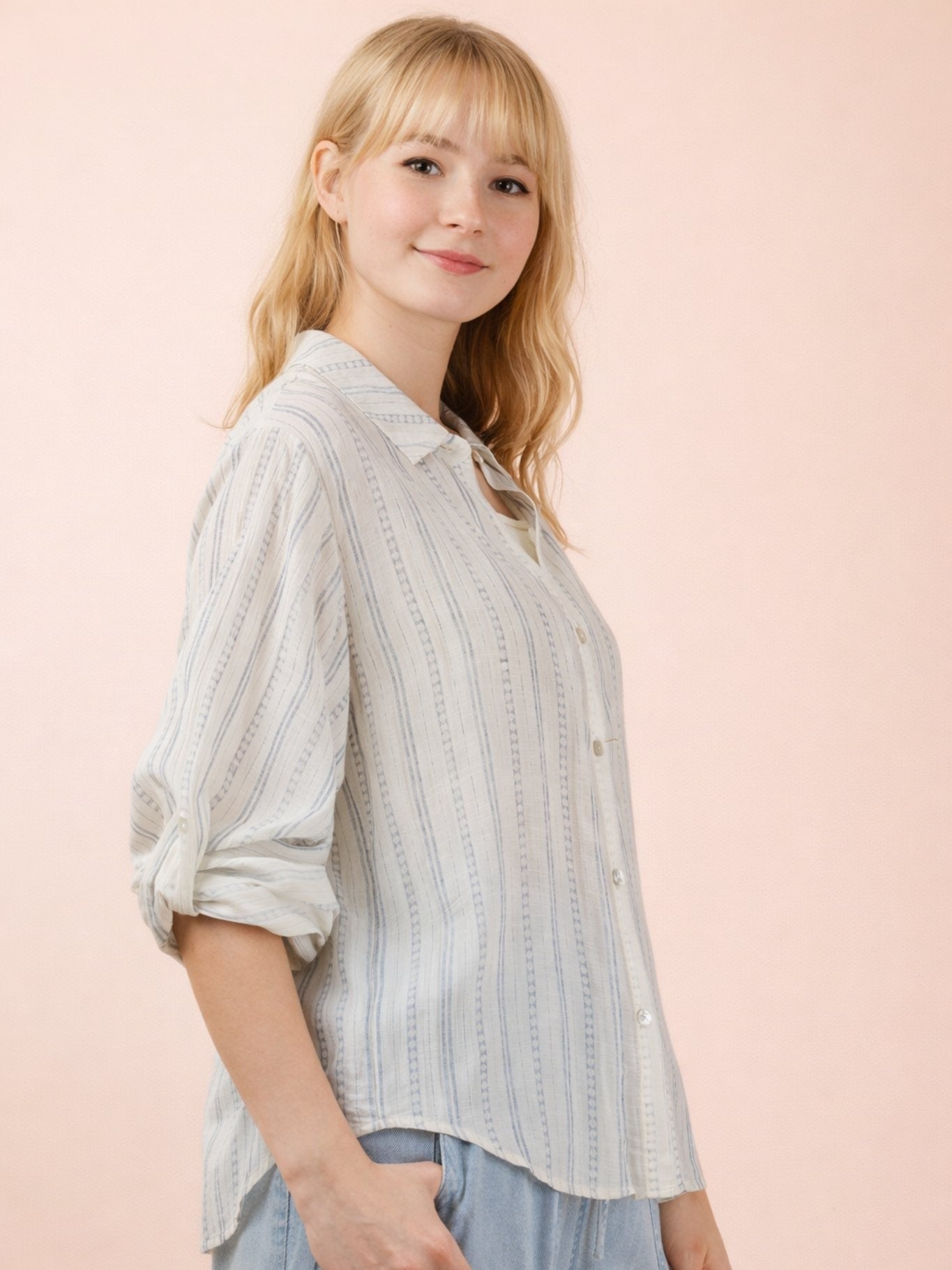 Very J Roll Sleeve Stripe Lightweight Blouse in white with subtle vertical stripes and roll-up sleeves by Very J.