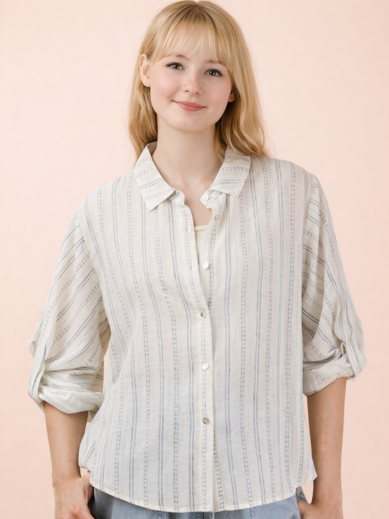 Lightweight striped button-up top with rolled sleeves in soft white by Very J Roll Sleeve Stripe Lightweight Blouse