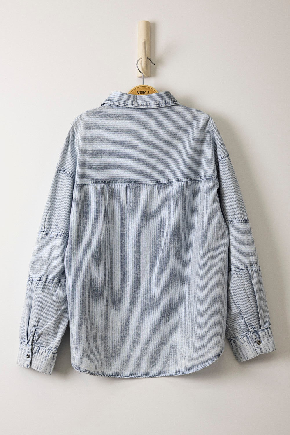 Light blue striped mineral wash chambray shirt hanging, Very J Mineral Wash Chambray Button-Up Shirt by Very J