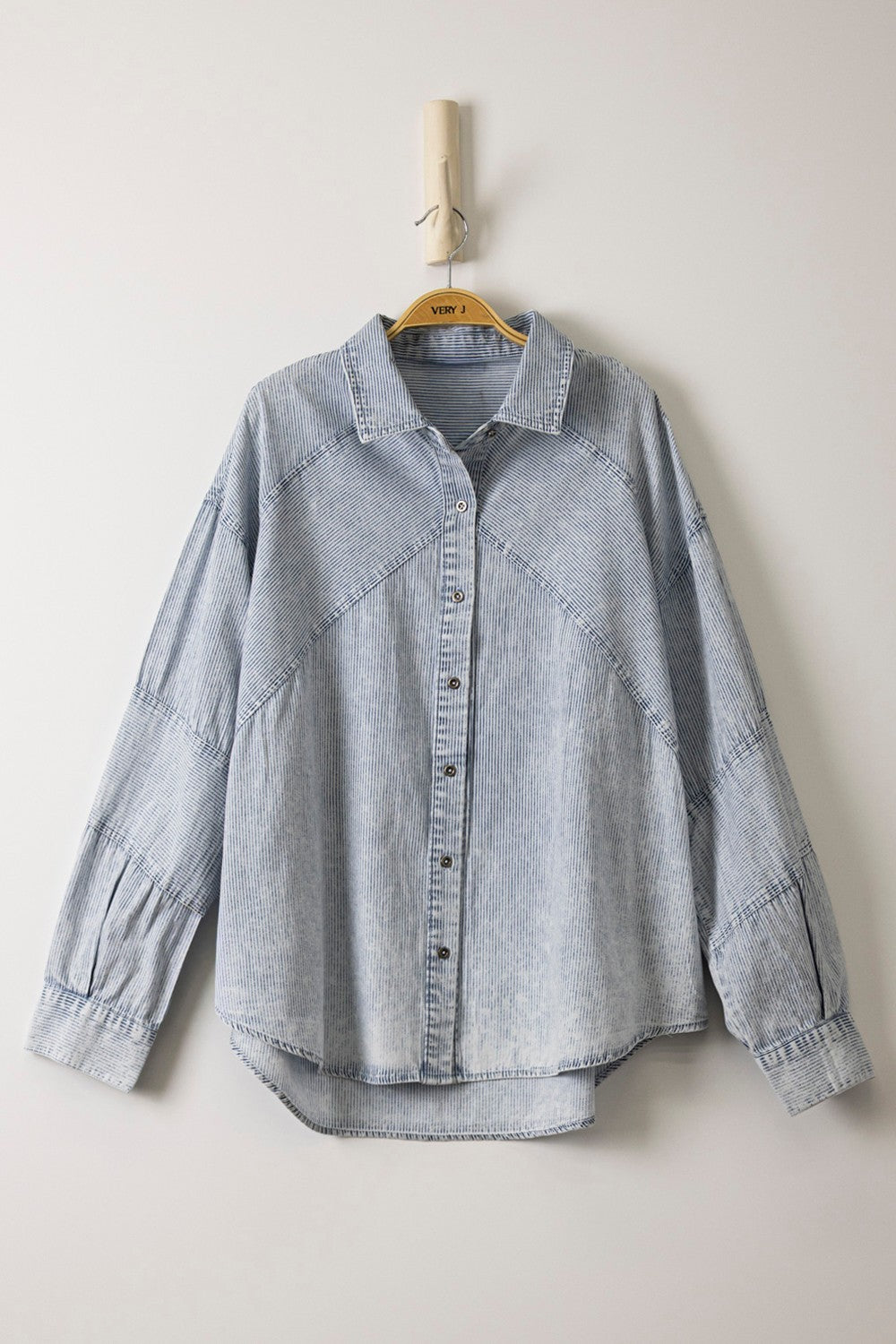 Very J Mineral Wash Chambray Button-Up Shirt in faded indigo with long sleeves and a relaxed fit by Very J