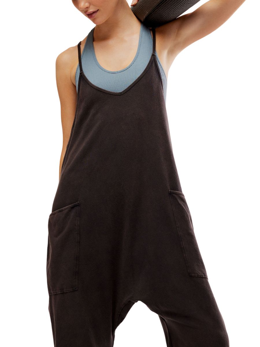 Free People Hot Shot Onesie in black, loose fit with shoulder straps and large front pockets by Free People