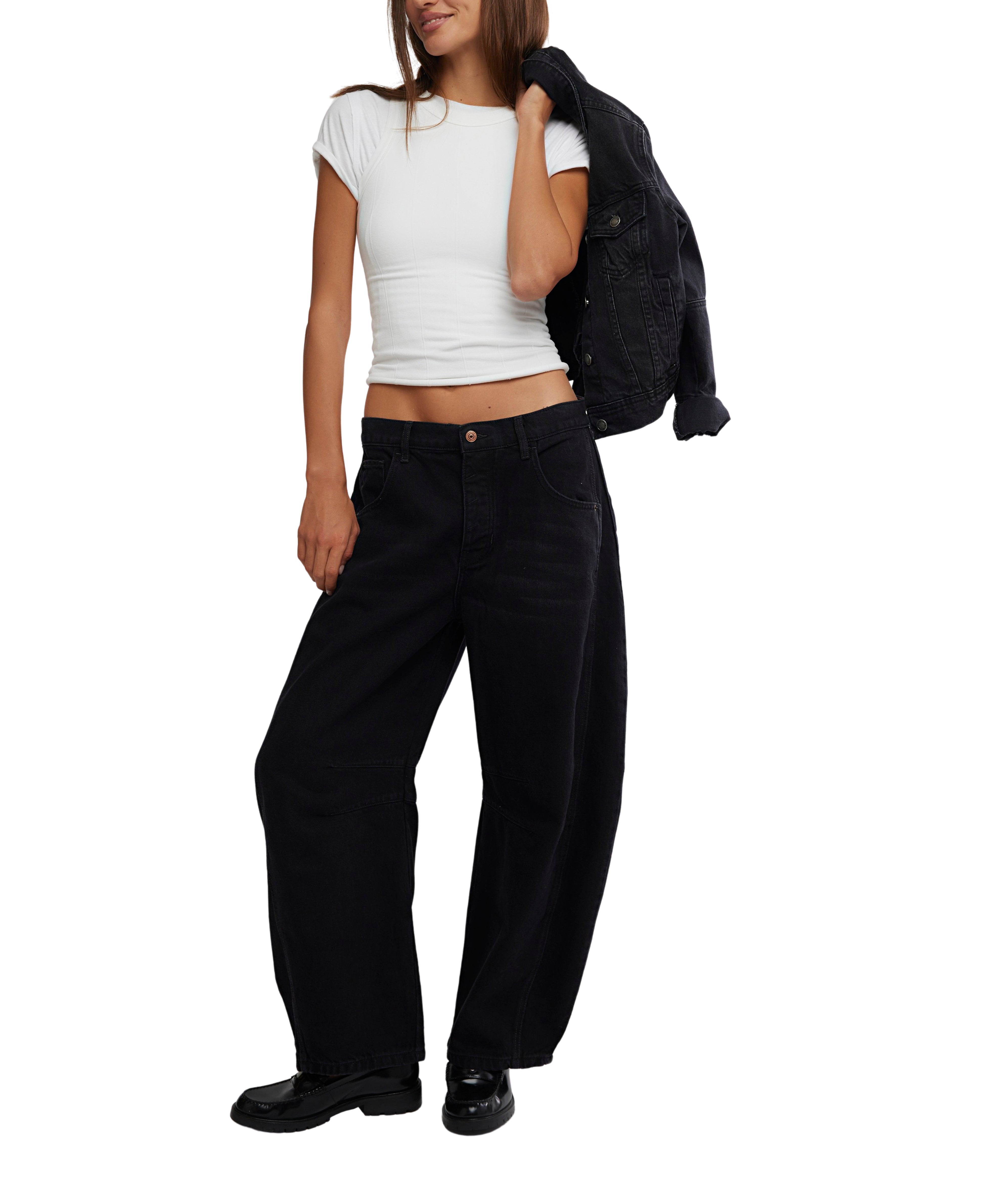 Free People Good Luck Black Barrel Denim Jeans styled with white top and black denim jacket from Free People.
