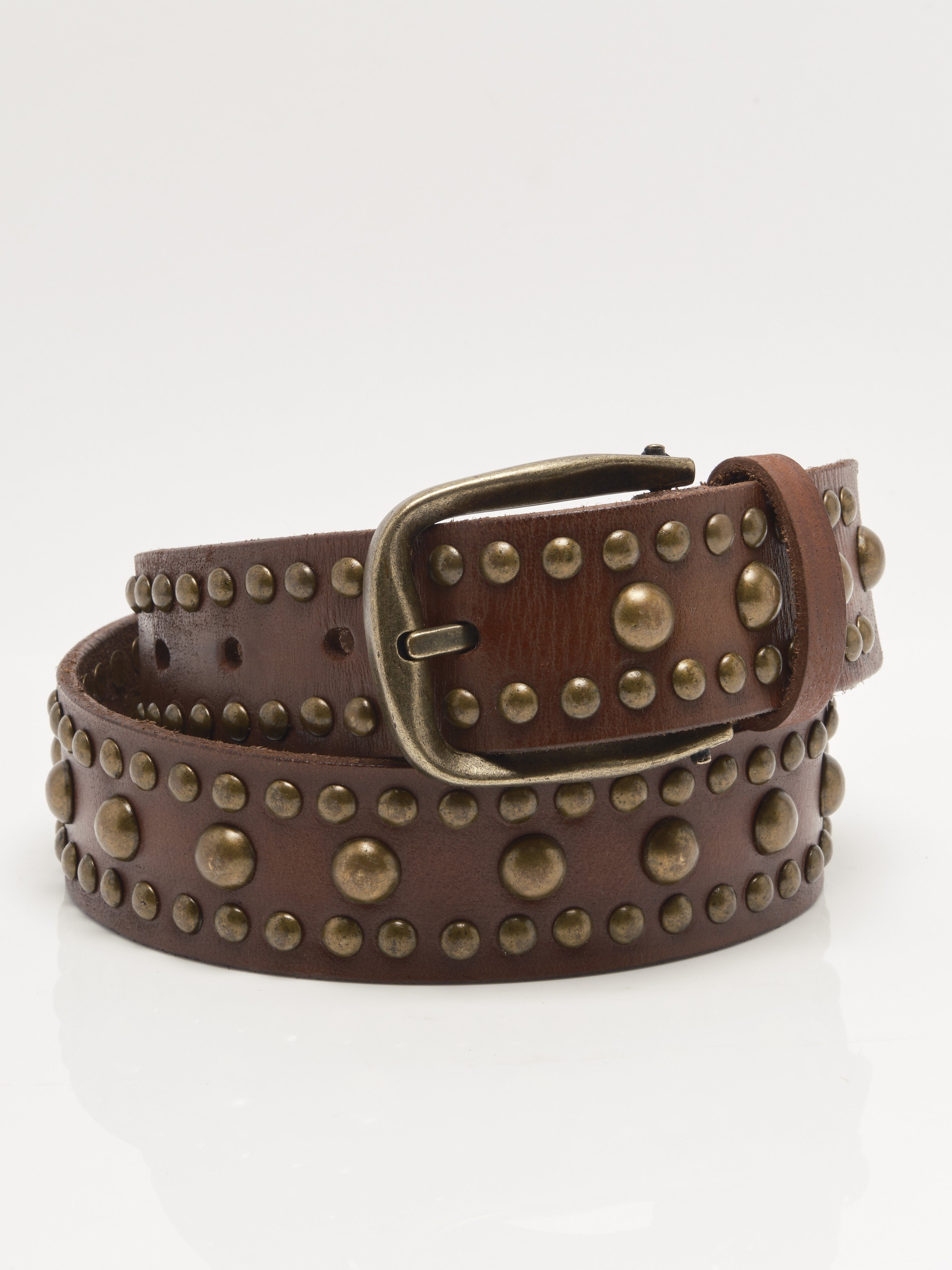 Free People We The Free Sola Stud Belt in brown leather with brass studs and antique brass buckle, accessory by Free People.