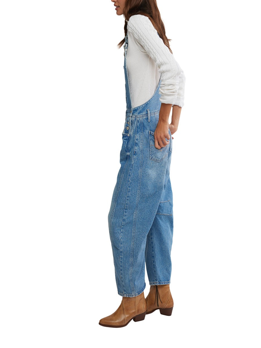Free People Good Luck Denim Overalls styled with a white sweater and brown ankle boots by Free People.