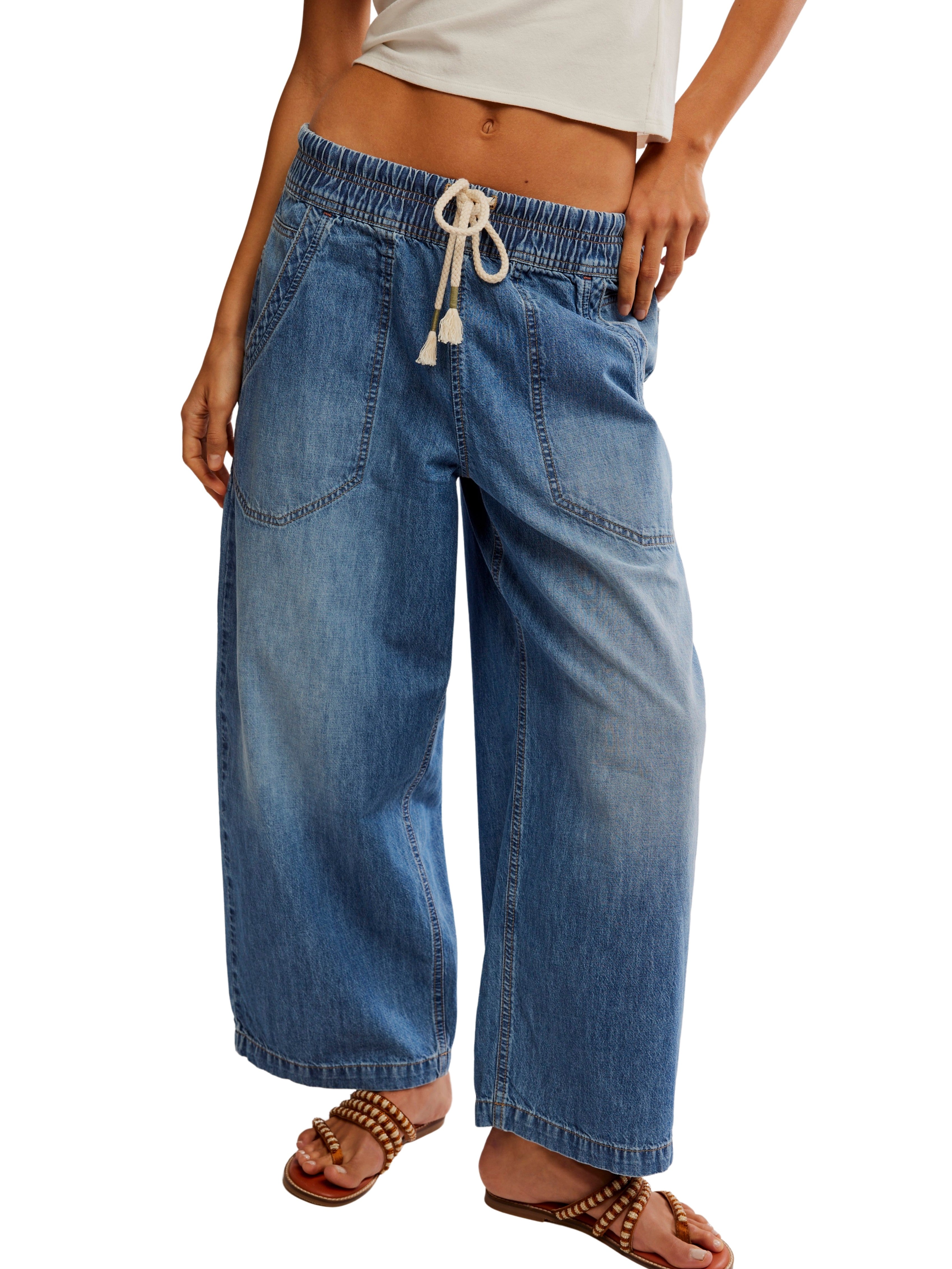 Free People Easy Peasy Pull-On Drawstring Denim Pants in relaxed fit with wide legs and front pockets by Free People