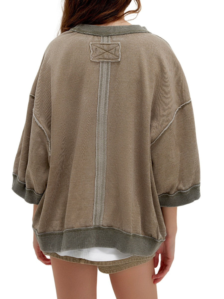 Back view of Free People Everything 3/4 Sleeve Crew Pullover in olive with relaxed fit and ribbed cuffs by Free People