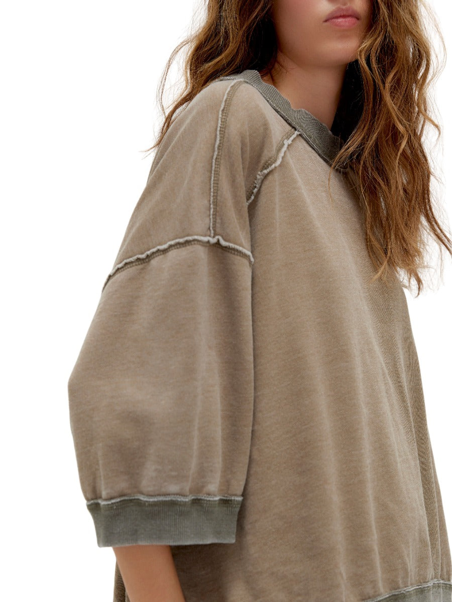 Free People Everything 3/4 Sleeve Crew Pullover in muted olive with raw-stitched seams and soft fabric texture