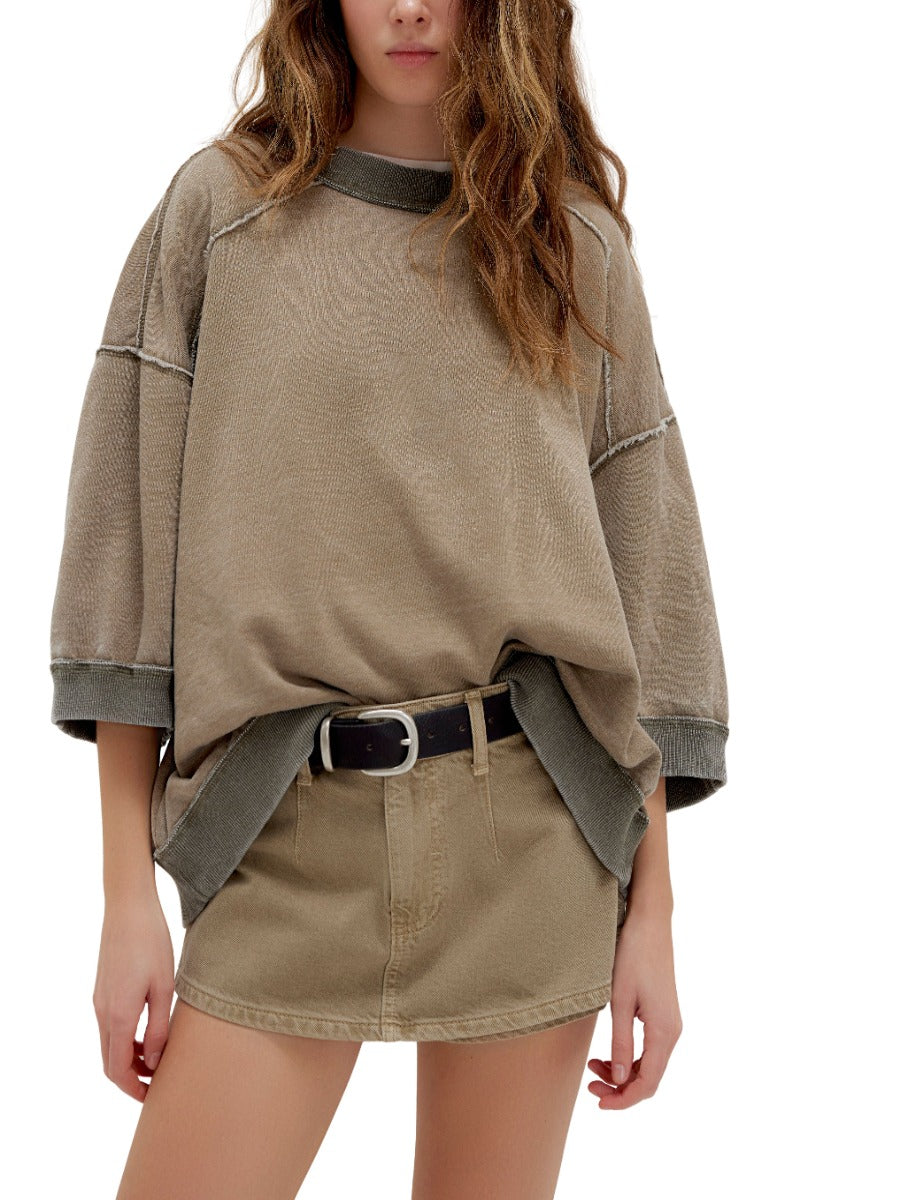 Free People Everything 3/4 Sleeve Crew Pullover in olive with relaxed fit and contrast trim by Free People