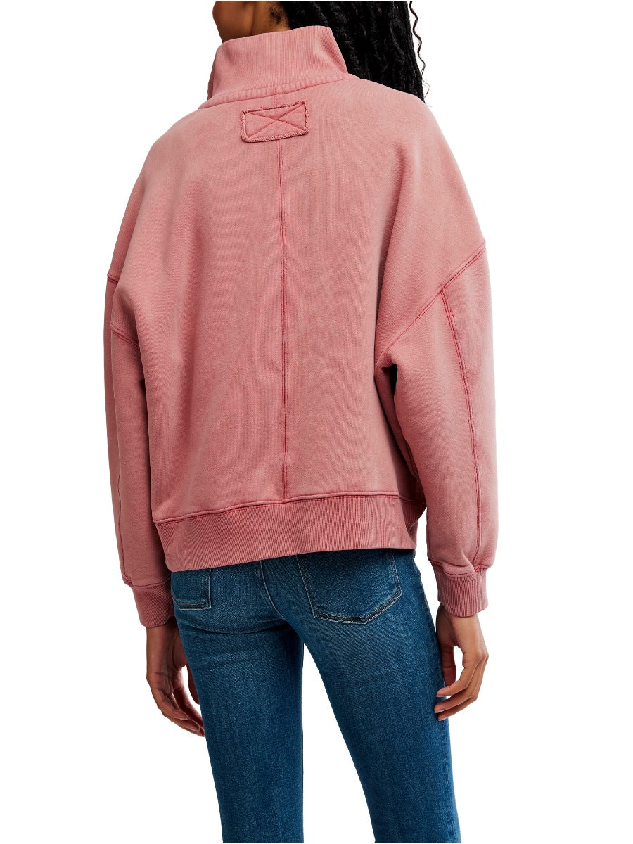 Back view of Free People Timeless Snap Pullover in soft rose pink styled with denim jeans by Free People.