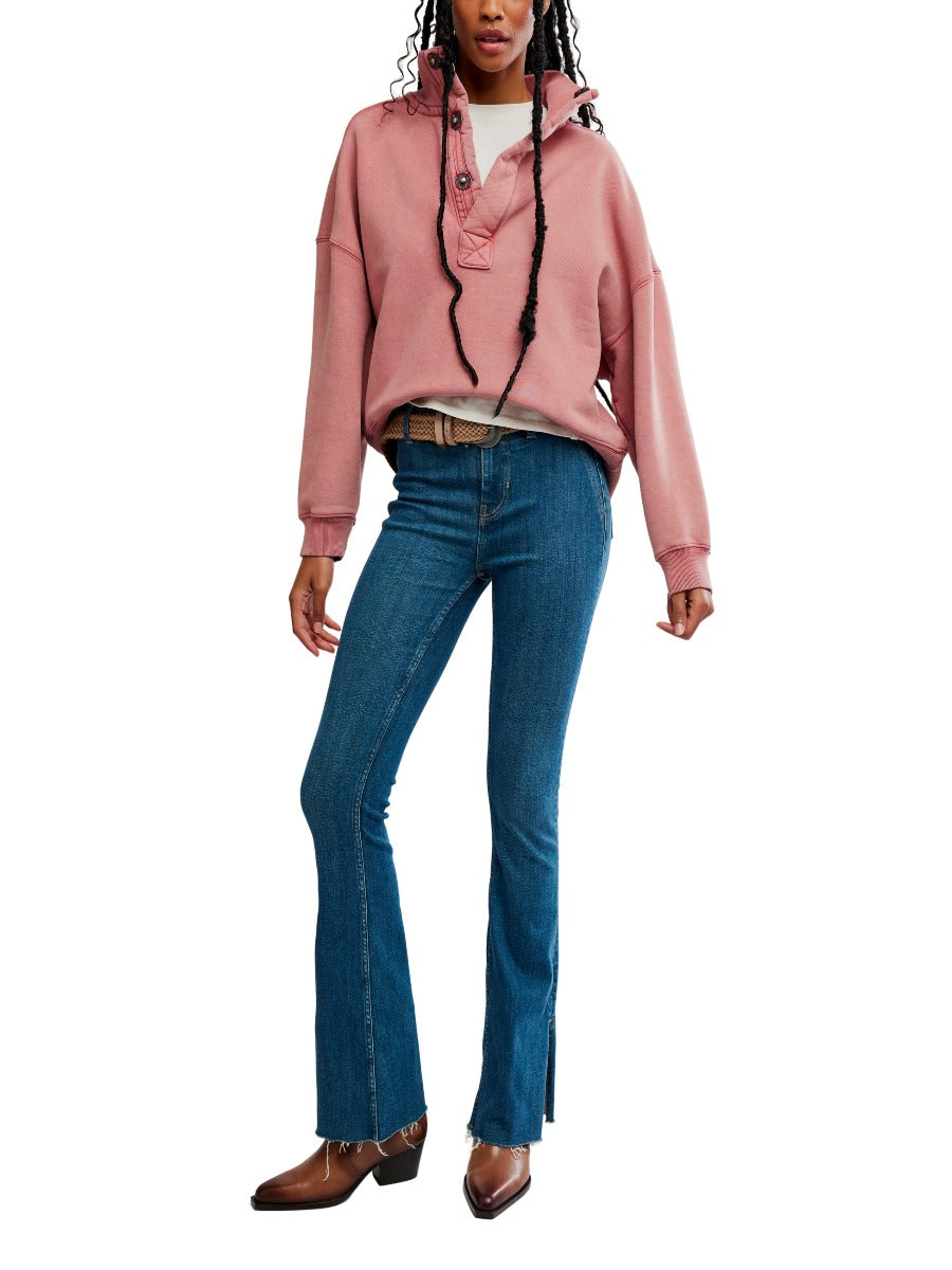 Free People Timeless Snap Pullover in dusty rose paired with blue denim jeans and brown boots by Free People