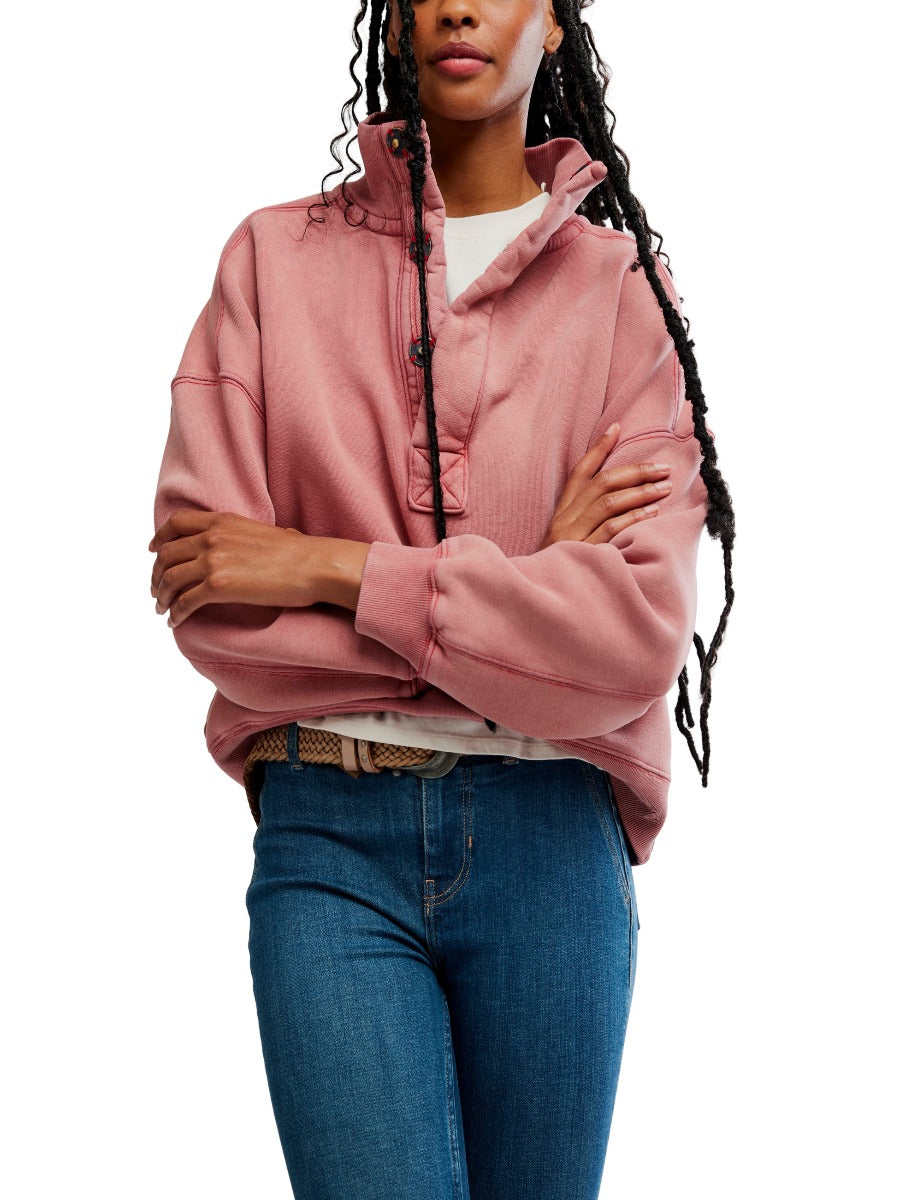 Free People Timeless Snap Pullover in rose pink, styled casually with denim jeans and a white undershirt.