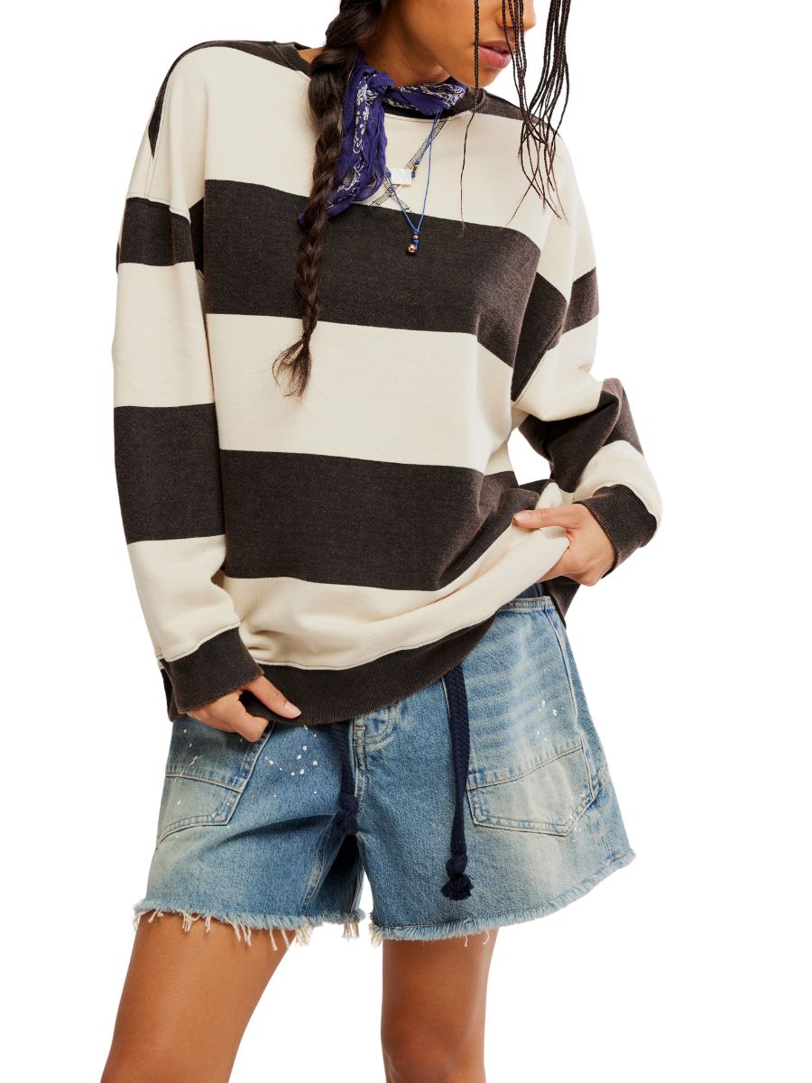 Free People Classic Wide Stripe Crewneck, striped sweater styled with denim shorts