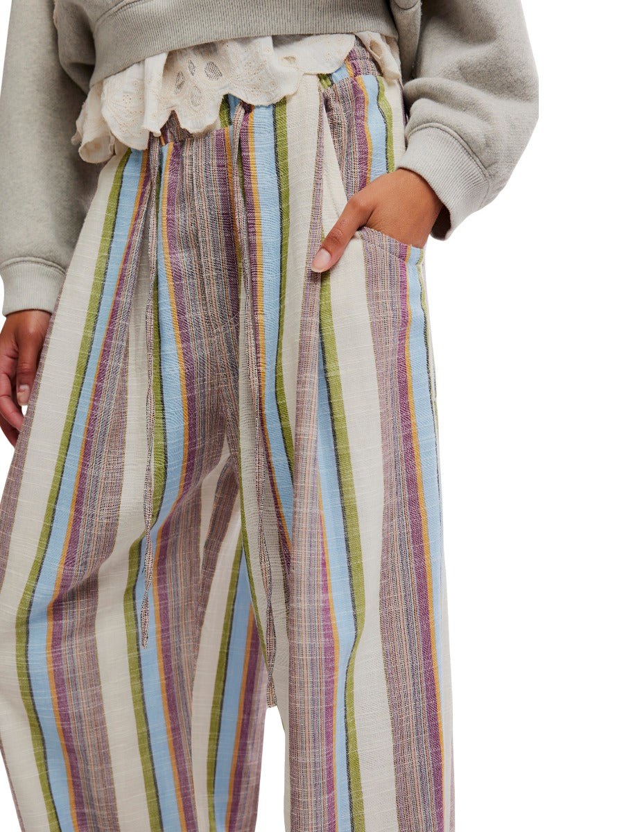 Free People Chambers Laid-Back Stripe Pant in multicolor vertical stripes with drawstring waist and side pocket detail