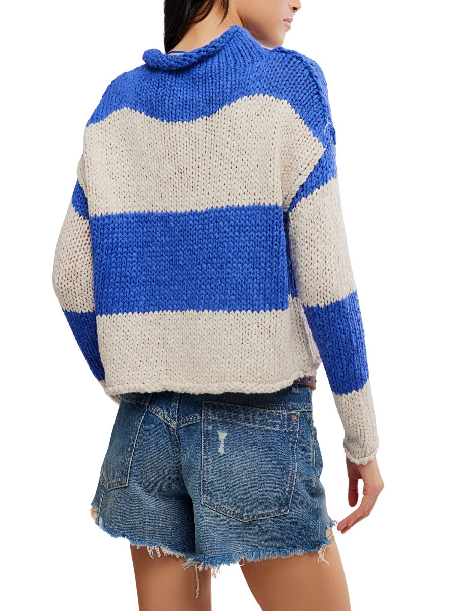 Free People Opal Rugby Stripe Crewneck Sweater in cobalt blue and cream, chunky knit sweater for casual wear