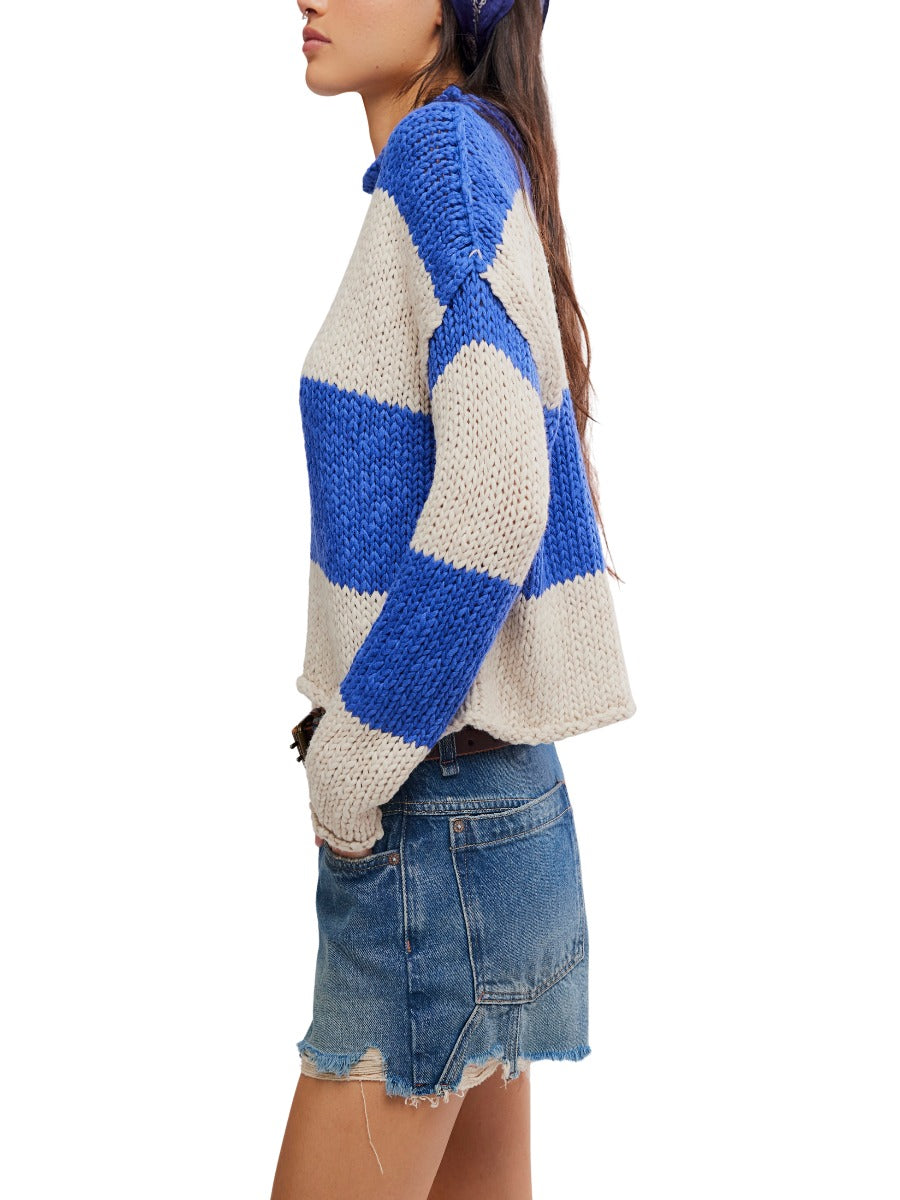 Free People Opal Rugby Stripe Crewneck Sweater in blue and cream knit paired with distressed denim skirt by Free People.