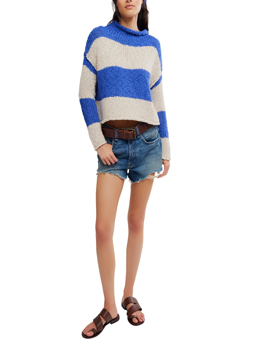 Free People Opal Rugby Stripe Crewneck Sweater in cobalt blue and beige knit, styled with denim shorts and sandals by Free People.