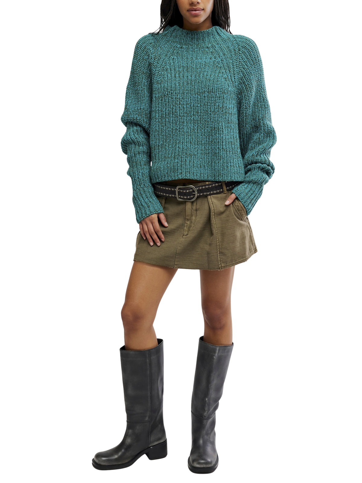 Teal knit sweater with a khaki mini skirt, black belt, and tall black boots