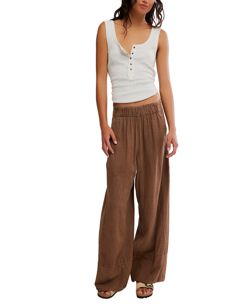Free People Days End Linen Pocket Pull-On Pant in brown linen styled with a sleeveless white top by Free People.