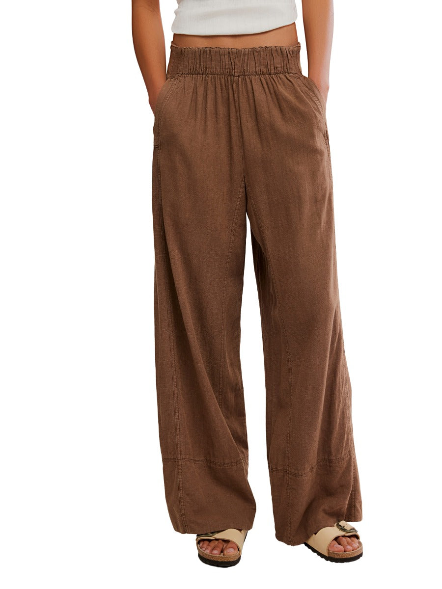 Free People Days End Linen Pocket Pull-On Pant in espresso brown with elastic waist and relaxed fit by Free People.