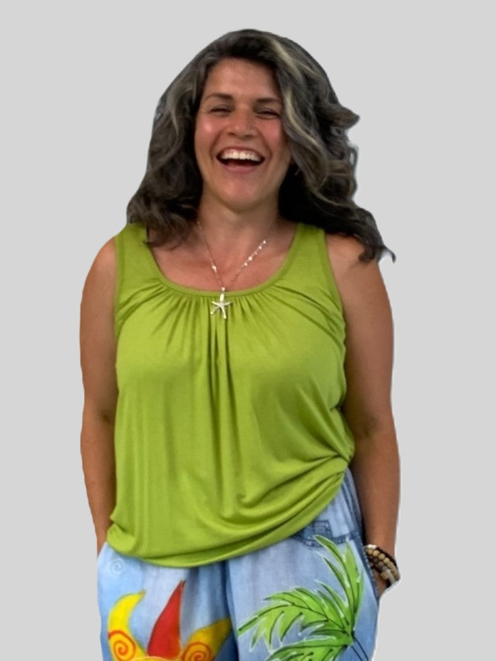 Green sleeveless relaxed fit top with bubble hem styled casually, Miracle Bubble Hem Sleeveless Relaxed Fit Top by Plum Loco
