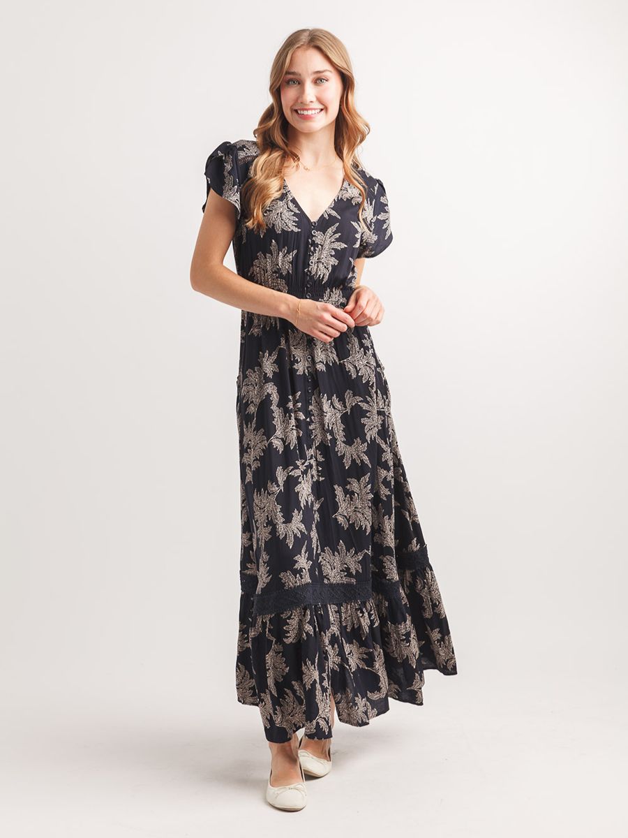 Elegant navy floral maxi dress with buttons and cap sleeves by Papillon, named Papillon Fern Maxed Out Baby Maxi Dress.