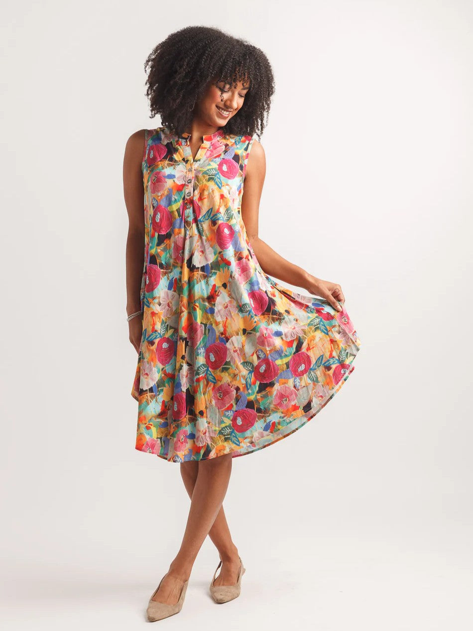 Papillon Bright Floral Sleeveless Johnny Collar Pocket Dress with vibrant multicolor floral print and relaxed fit