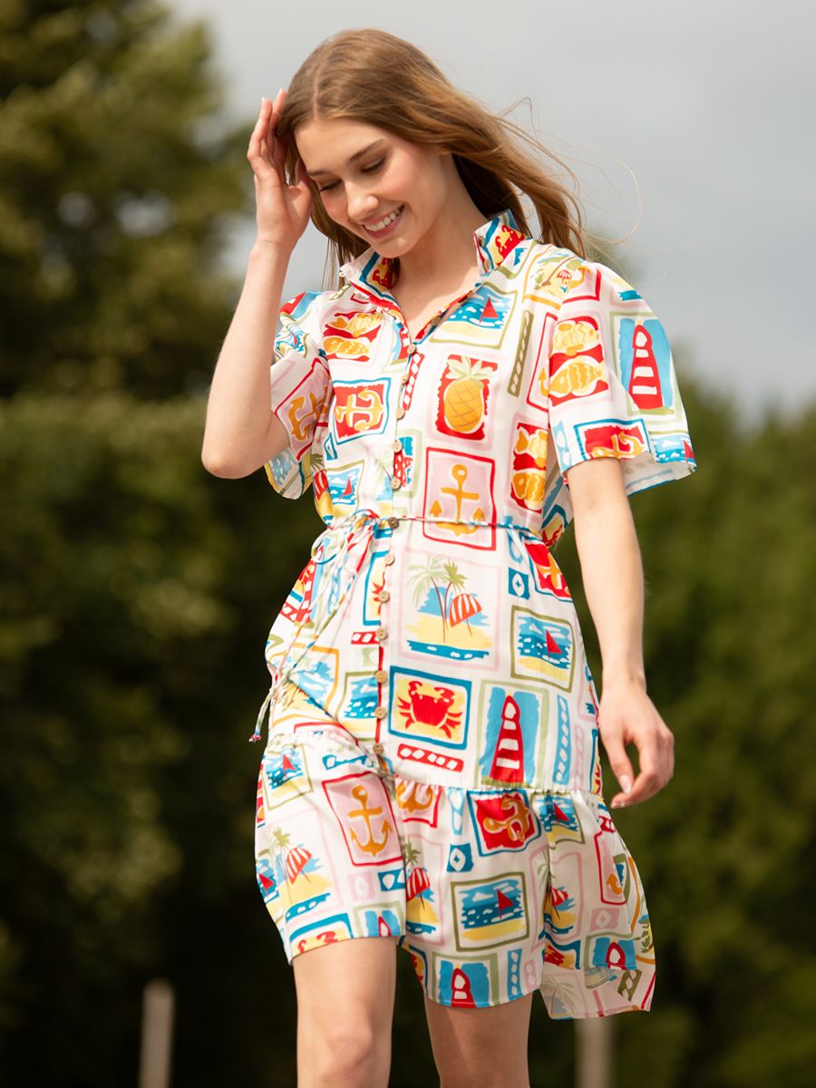 Papillon Travelling Short Sleeve Dress in colorful nautical print with belt detail by Papillon outdoors
