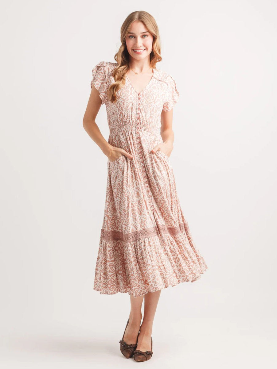 Papillon Crescent Moon Print Button Front Midi Dress in blush with subtle crescent moon pattern and button detailing.