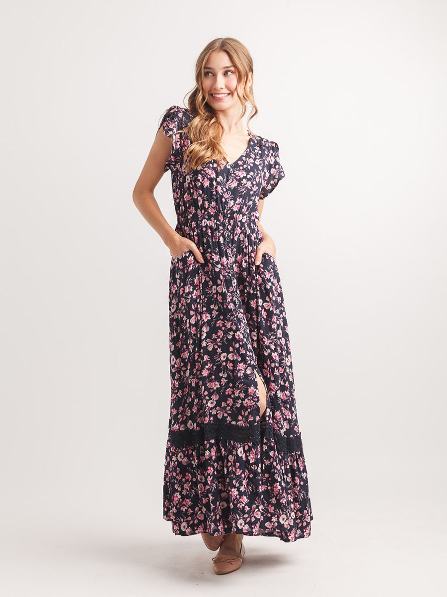 Papillon Floral Maxed Out Baby Maxi Dress in navy with pink floral print and lace details by Papillon