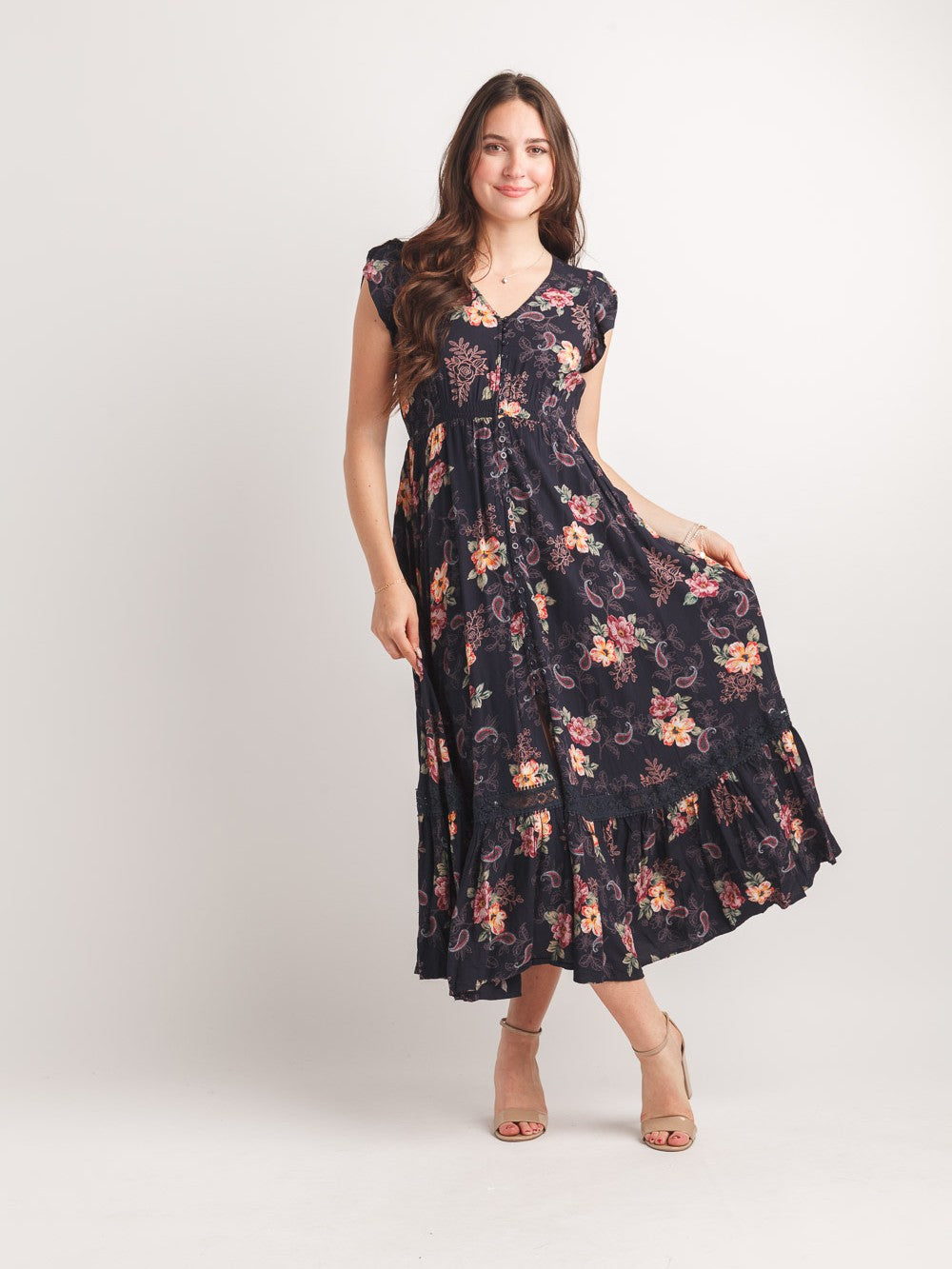 Papillon Maxed Out Floral Button Front Maxi Dress in navy with floral print and ruffled hem showcasing elegant outerwear style