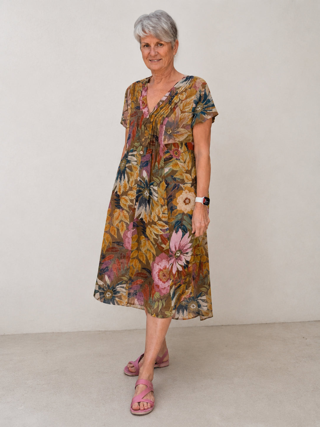 Flower Mix Pintuck Short Sleeve Linen Dress by Plum Loco in a multicolor floral pattern with pintuck detail and short sleeves