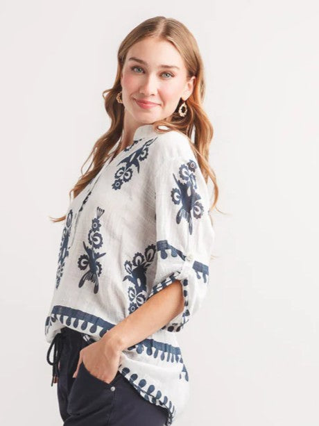 Lightweight white and navy top with border hem and collar detail, Papillon Vacation Border Hem Johnny Collar Top by Papillon
