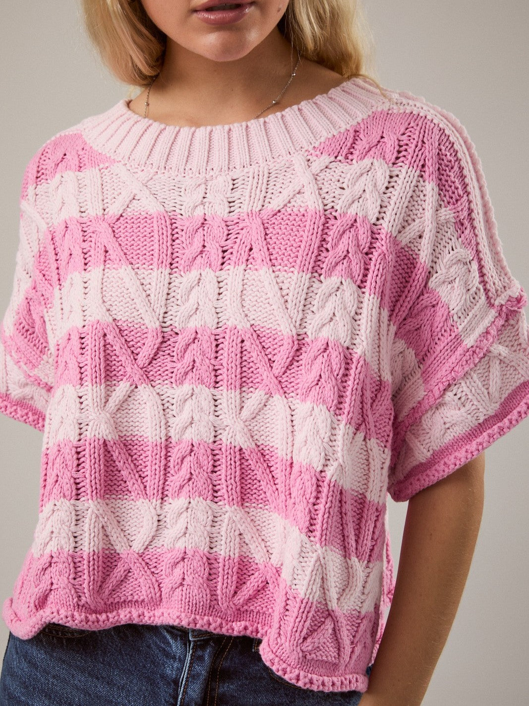Amy Striped Cotton Blend Short Sleeve Crew Sweater by Le lis in pink and light pink striped knit pattern