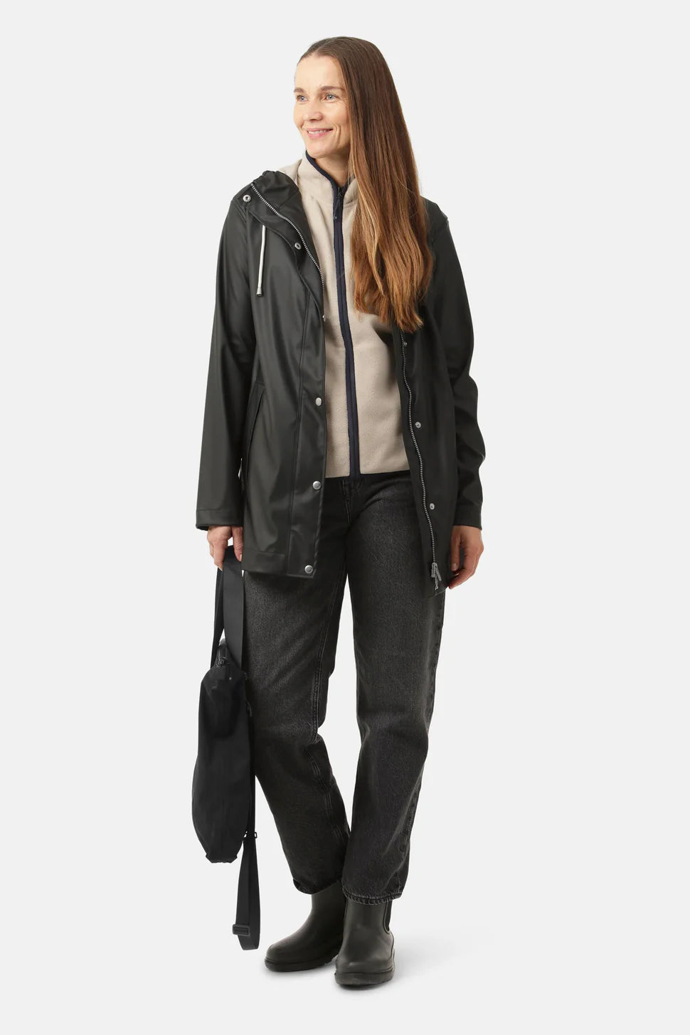 Ilse Jacobsen Rainy Days Waterproof Hooded Jacket in black worn with casual outerwear and boots by Ilse Jacobsen