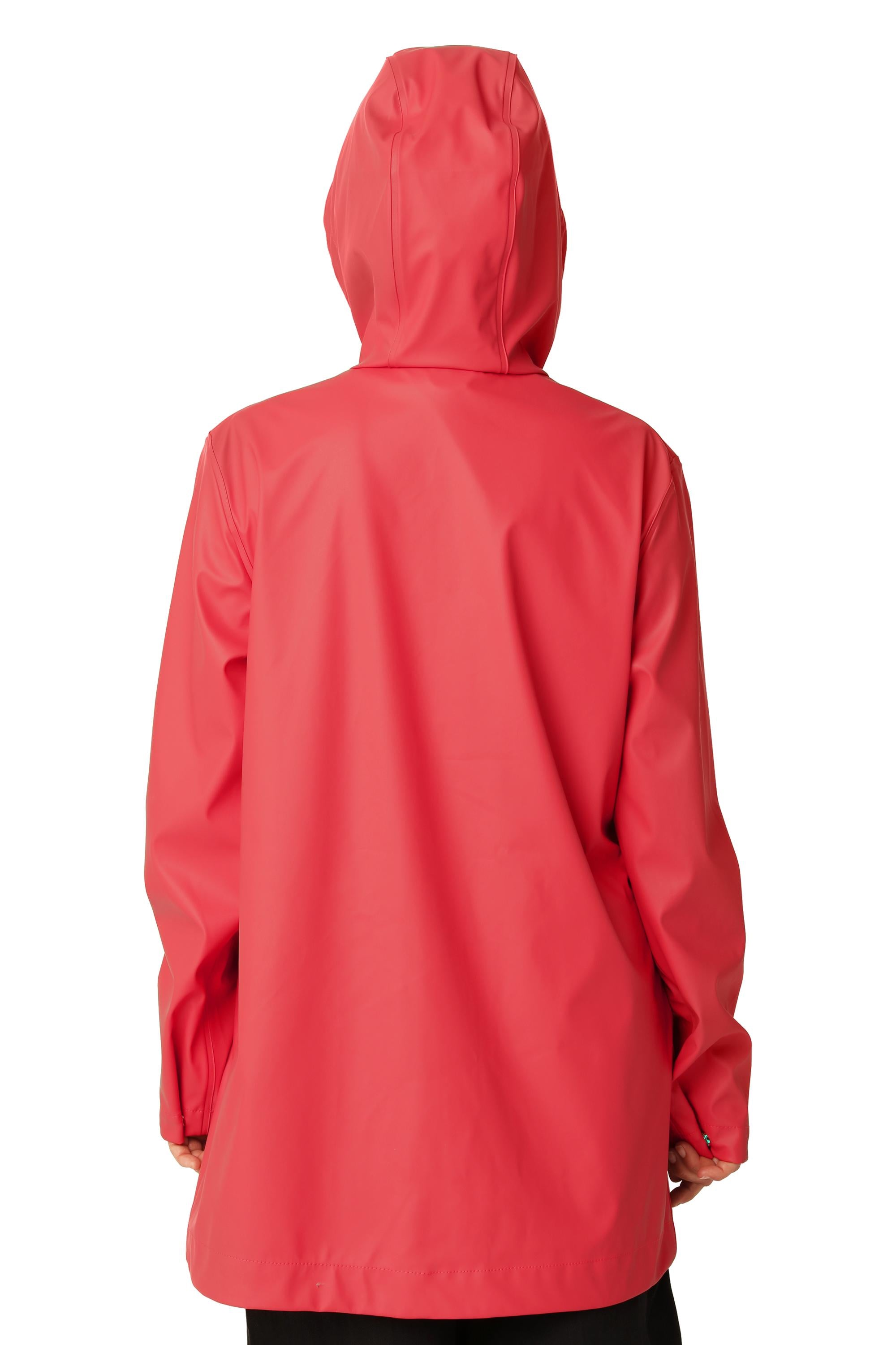 Back view of coral Ilse Jacobsen Rainy Days Waterproof Hooded Jacket by Ilse Jacobsen, perfect outerwear for rainy weather