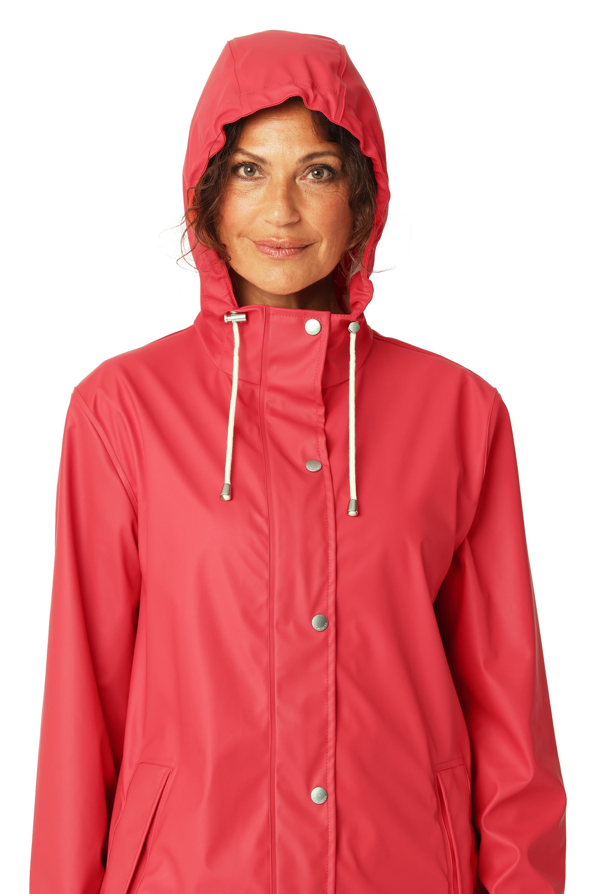 Ilse Jacobsen Rainy Days Waterproof Hooded Jacket in coral red, featuring silver snap buttons and white drawstrings by Ilse Jacobsen