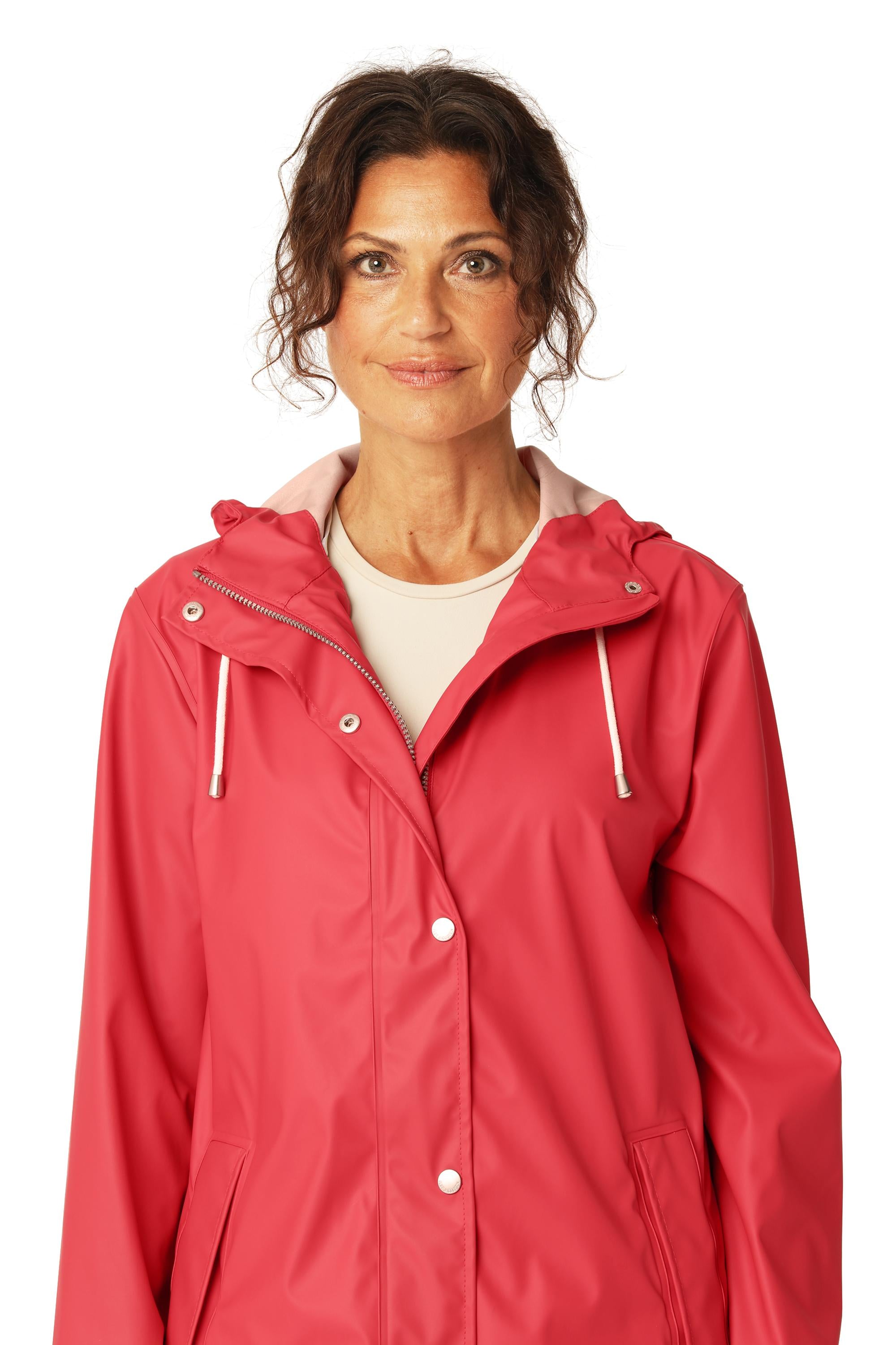 Ilse Jacobsen Rainy Days Waterproof Hooded Jacket in coral with front pockets and adjustable hood by Ilse Jacobsen