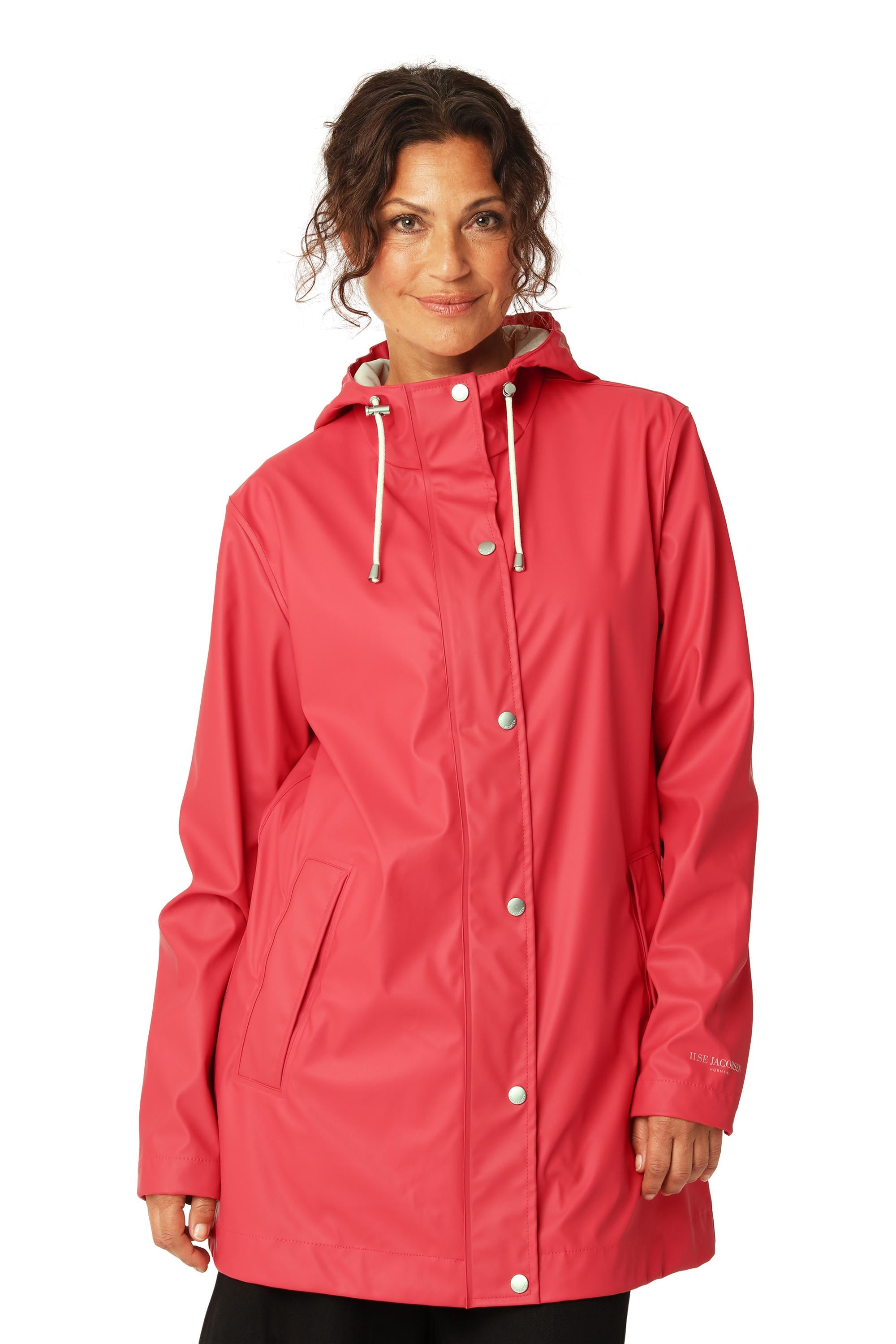 Ilse Jacobsen Rainy Days Waterproof Hooded Jacket in coral red, lightweight outerwear with pockets and drawstring hood