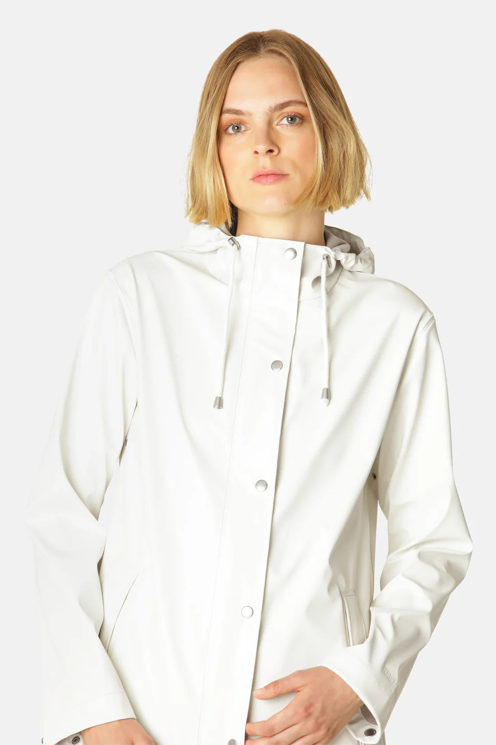 Ilse Jacobsen Rainy Days Waterproof Hooded Jacket in cream color, lightweight outerwear with front buttons and drawstring hood
