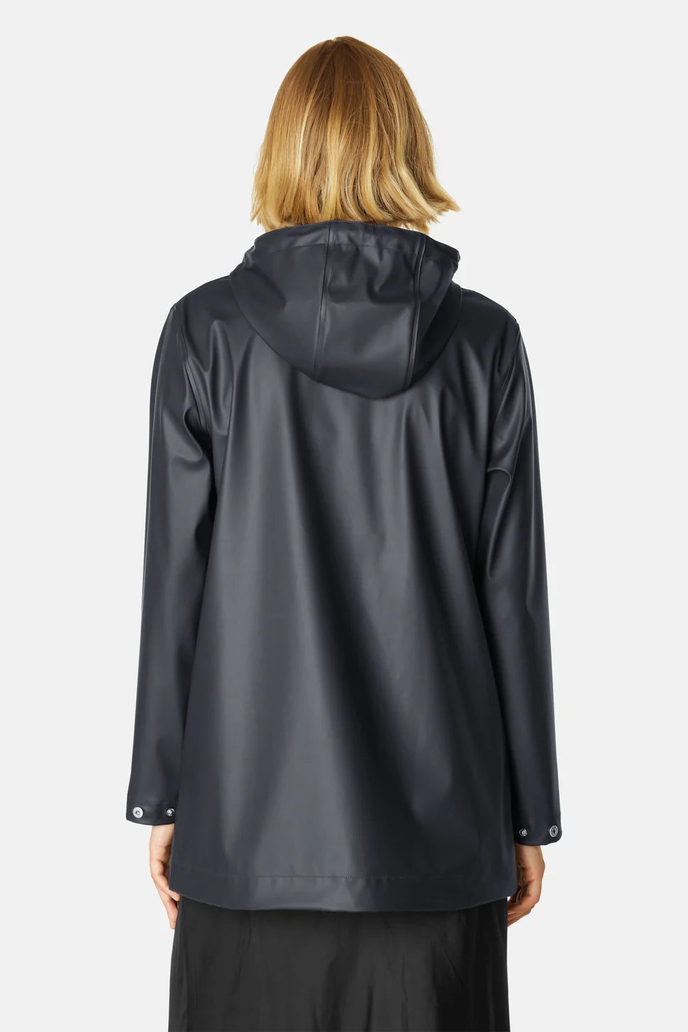 Ilse Jacobsen Rainy Days Waterproof Hooded Jacket in navy blue, shown from the back, perfect outerwear accessory.