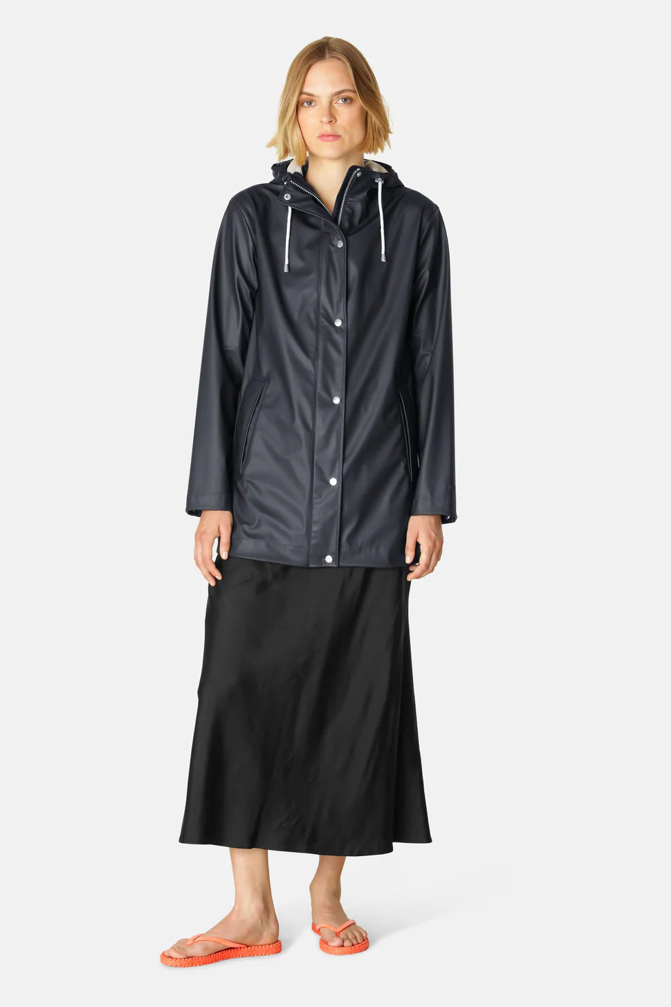 Ilse Jacobsen Rainy Days Waterproof Hooded Jacket in navy blue with front pockets and adjustable hood by Ilse Jacobsen