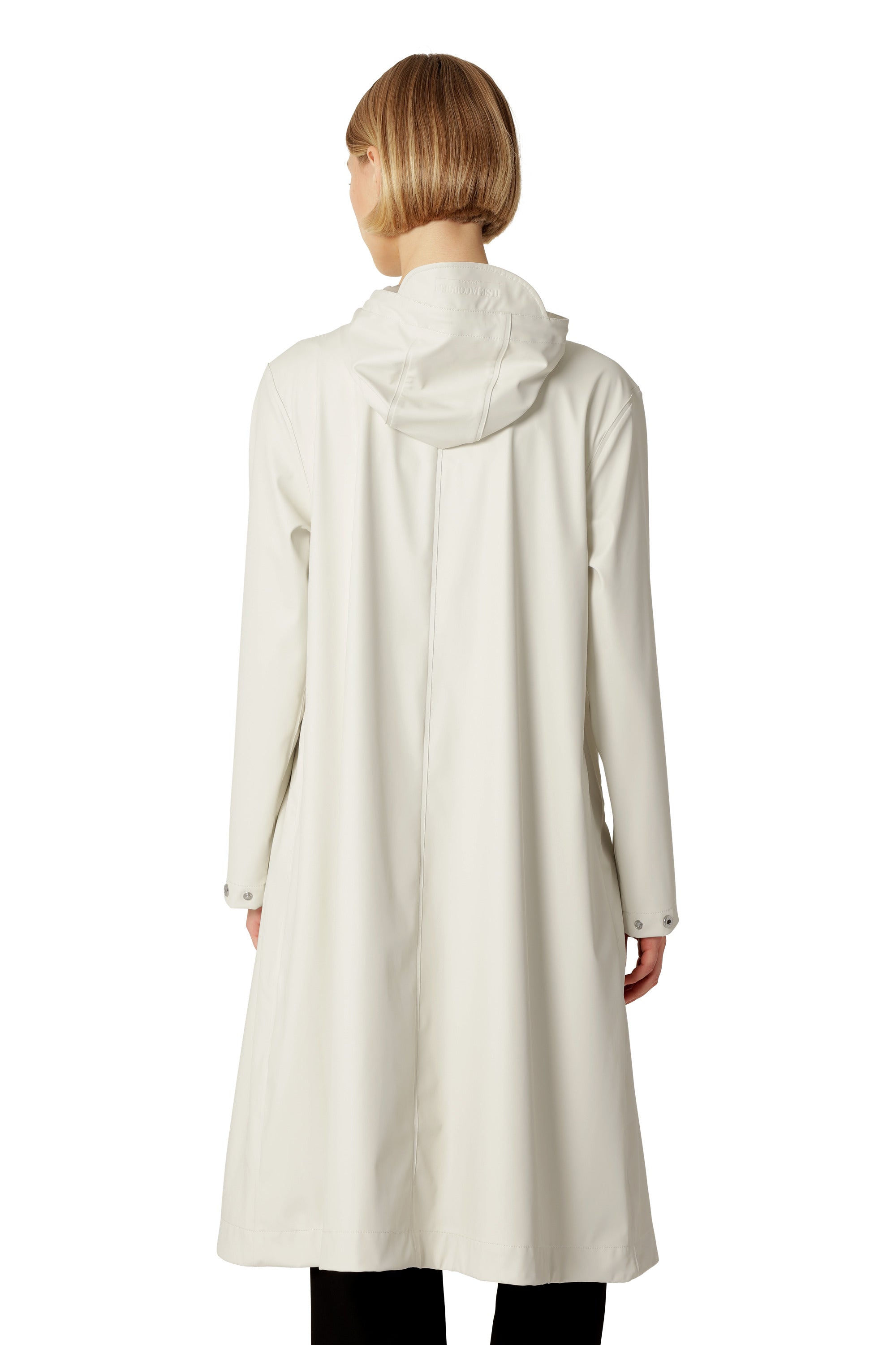 Back view of cream Ilse Jacobsen Long Waterproof Snap Hood Coat in lightweight outerwear style by Ilse Jacobsen