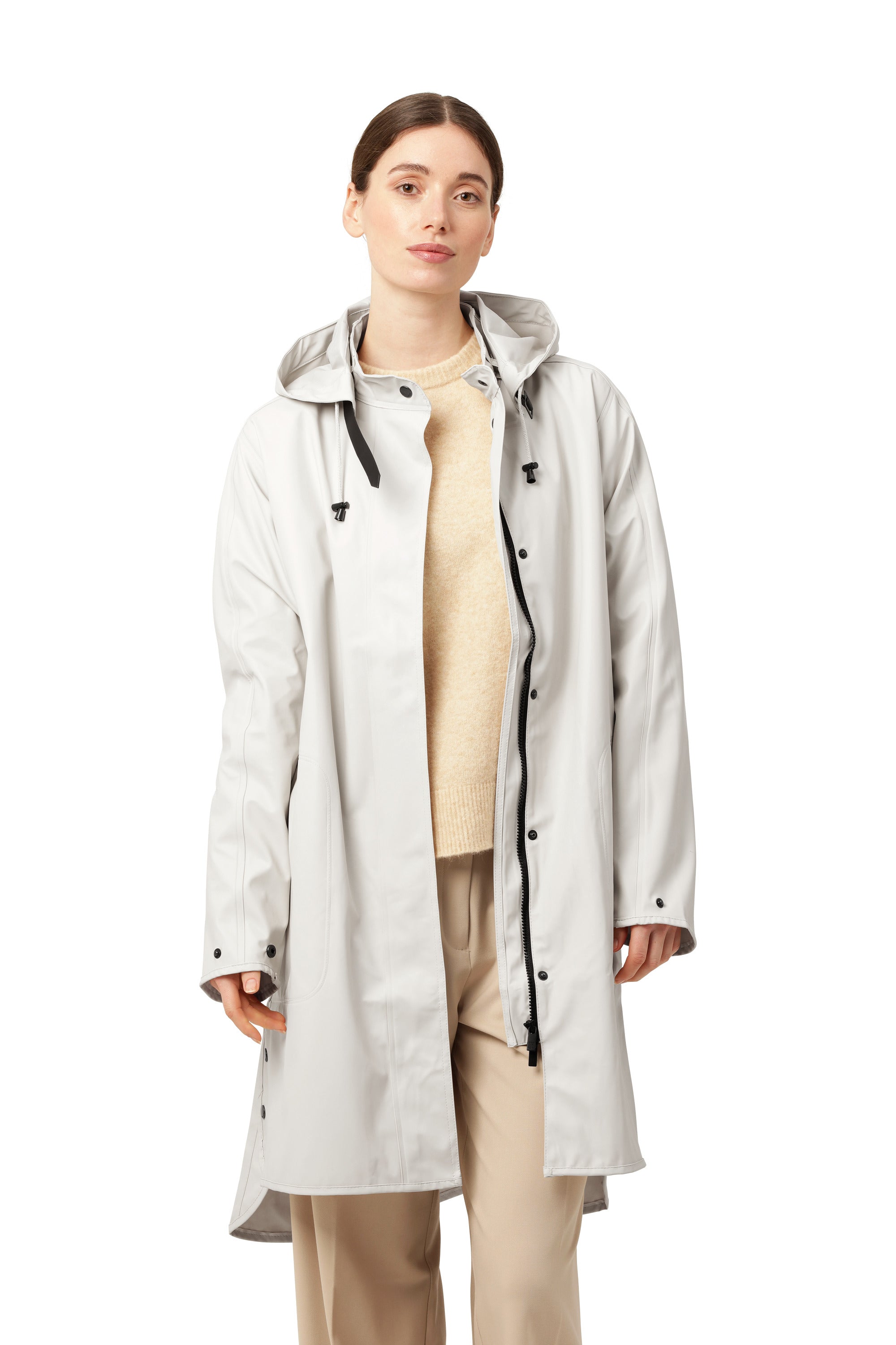 Ilse Jacobsen Waterproof Snap Hood Rain Jacket in cream, lightweight outerwear with hood and snap button closure