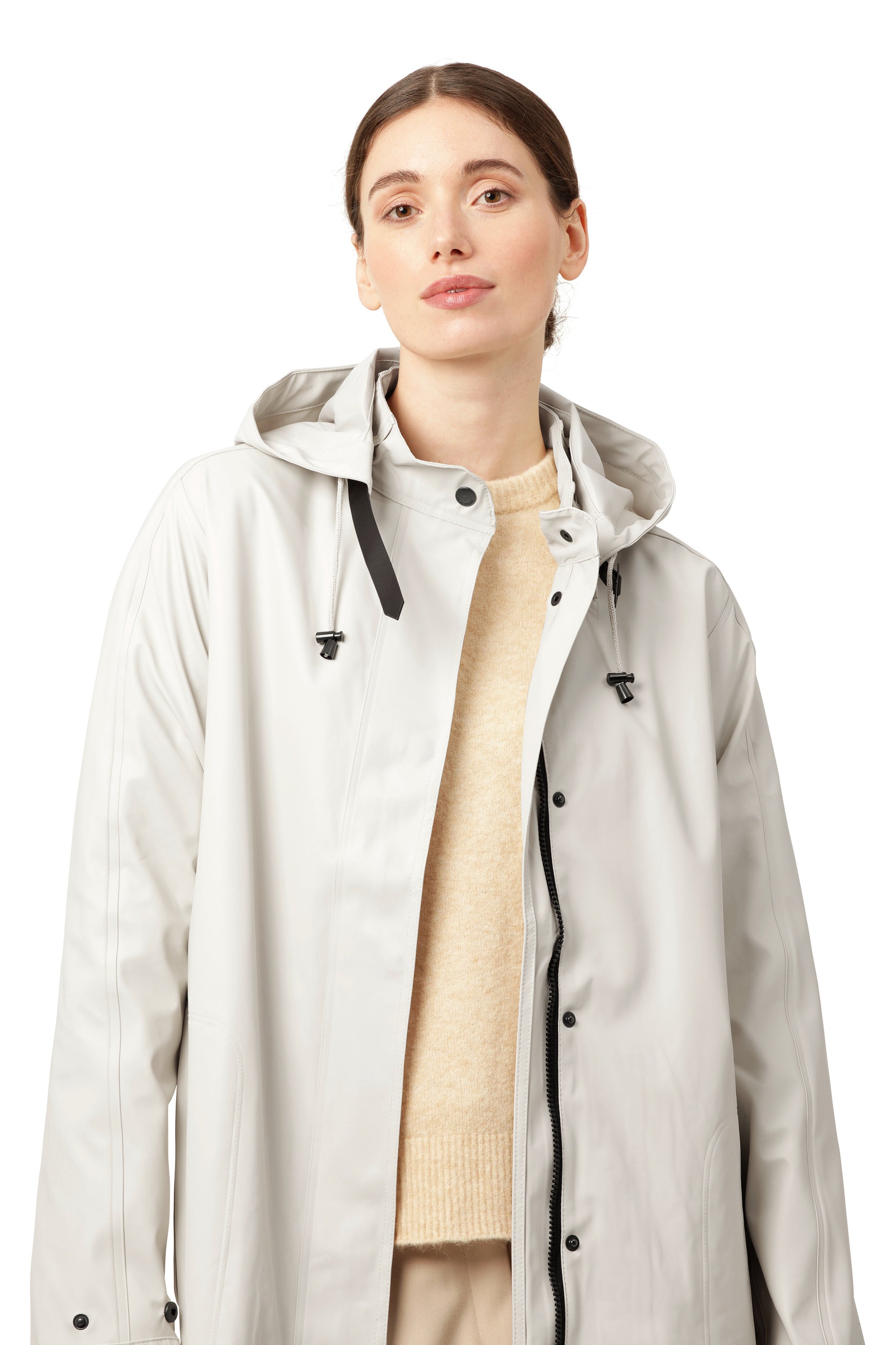 Ilse Jacobsen Waterproof Snap Hood Rain Jacket in soft cream, lightweight outerwear with adjustable hood and snap buttons