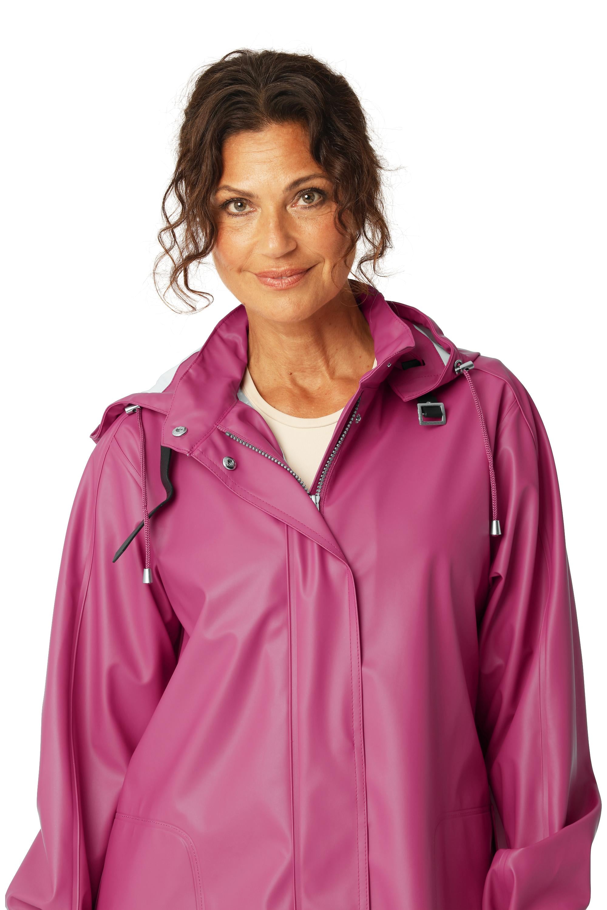 Ilse Jacobsen Waterproof Snap Hood Rain Jacket in vibrant magenta outerwear with adjustable hood and snap closures.