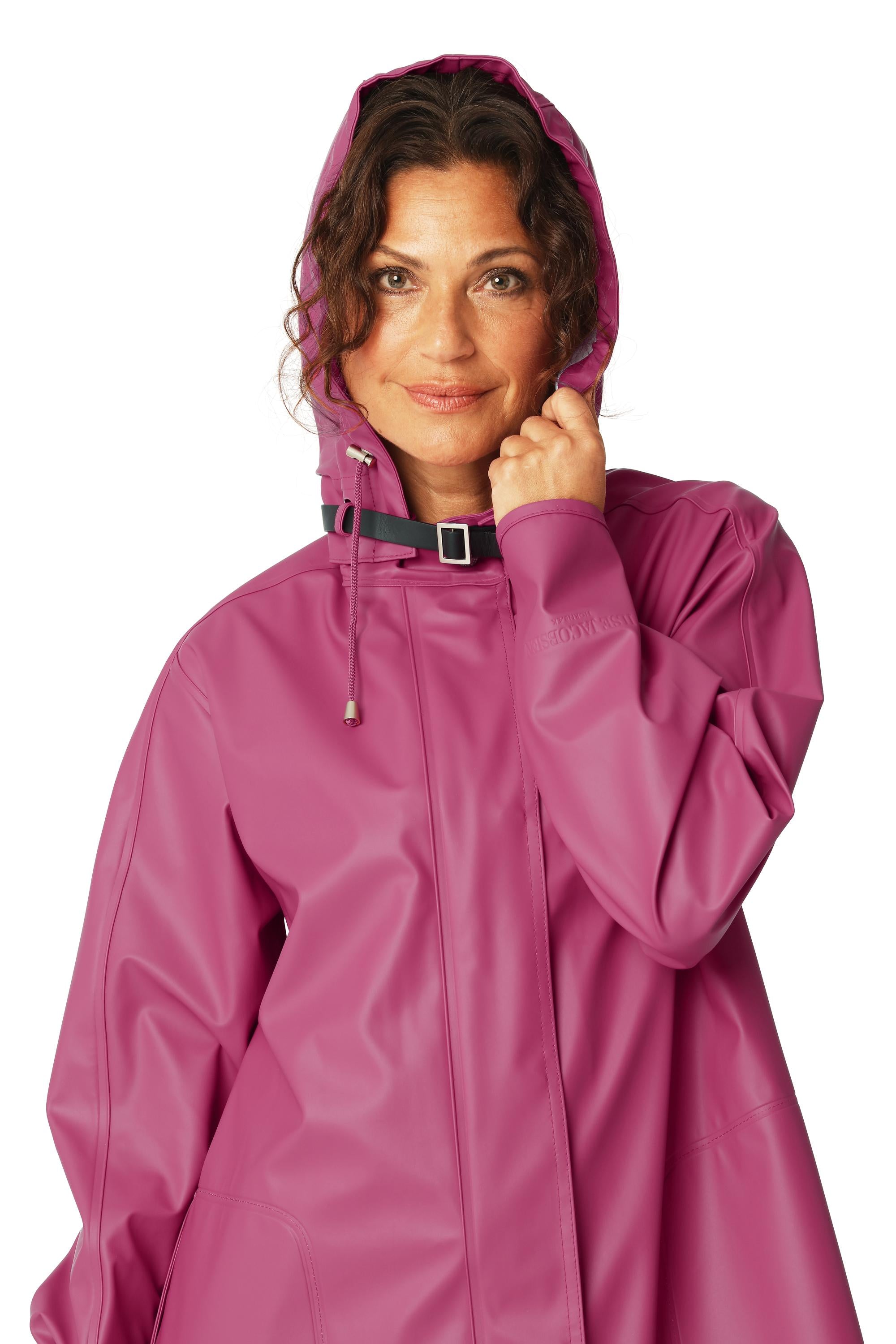Ilse Jacobsen Waterproof Snap Hood Rain Jacket in magenta, stylish outerwear for rainy weather by Ilse Jacobsen